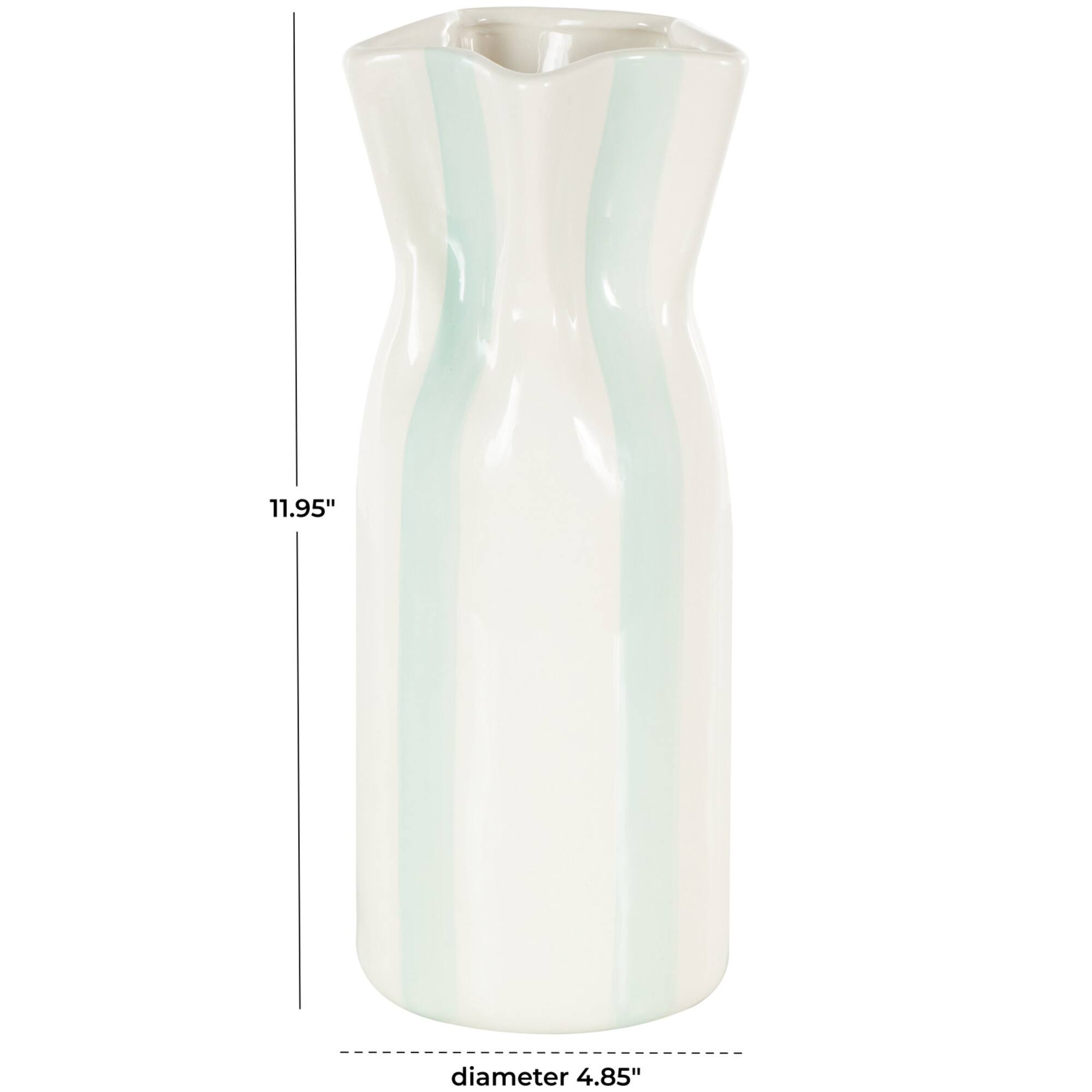 12" White & Teal Stripes Round Wide Ceramic Vase